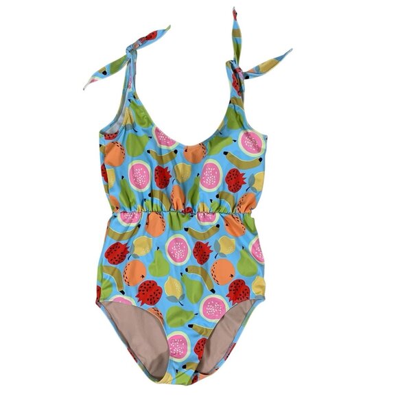 Kortni Jeane Fruit Print One Piece Swimsuit S Tie Straps Retro Colorful Pool - Picture 1 of 6